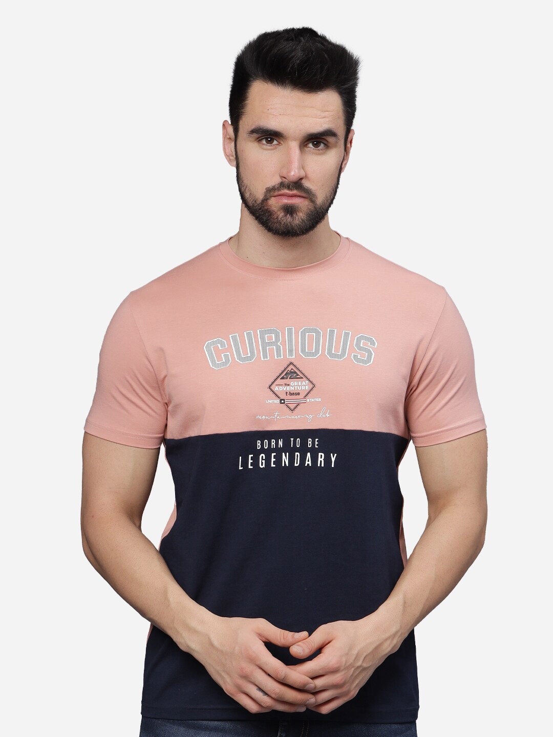 

t-base Men Colourblocked T-shirt, Pink