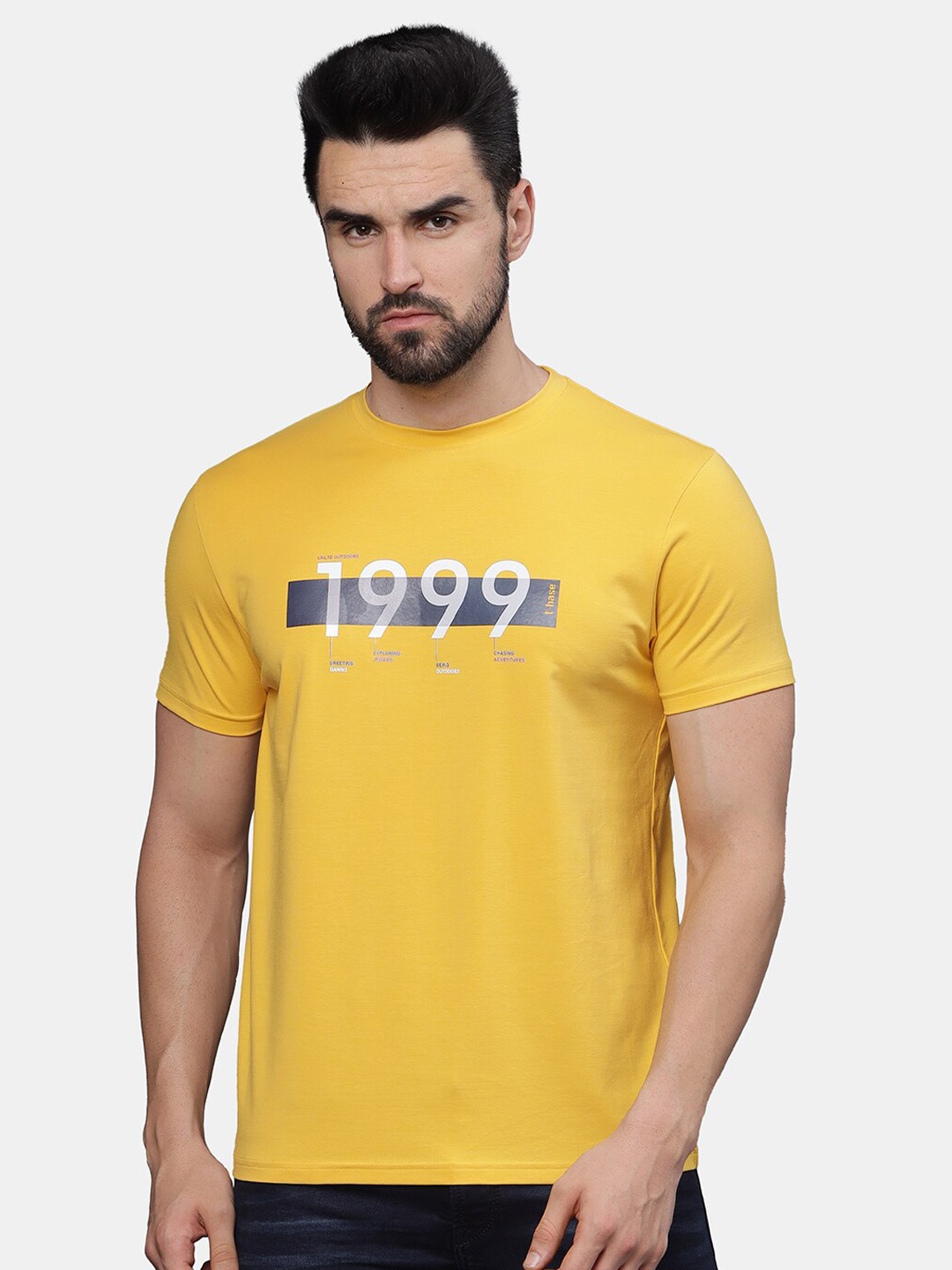 

t-base Men Typography Printed Applique T-shirt, Yellow