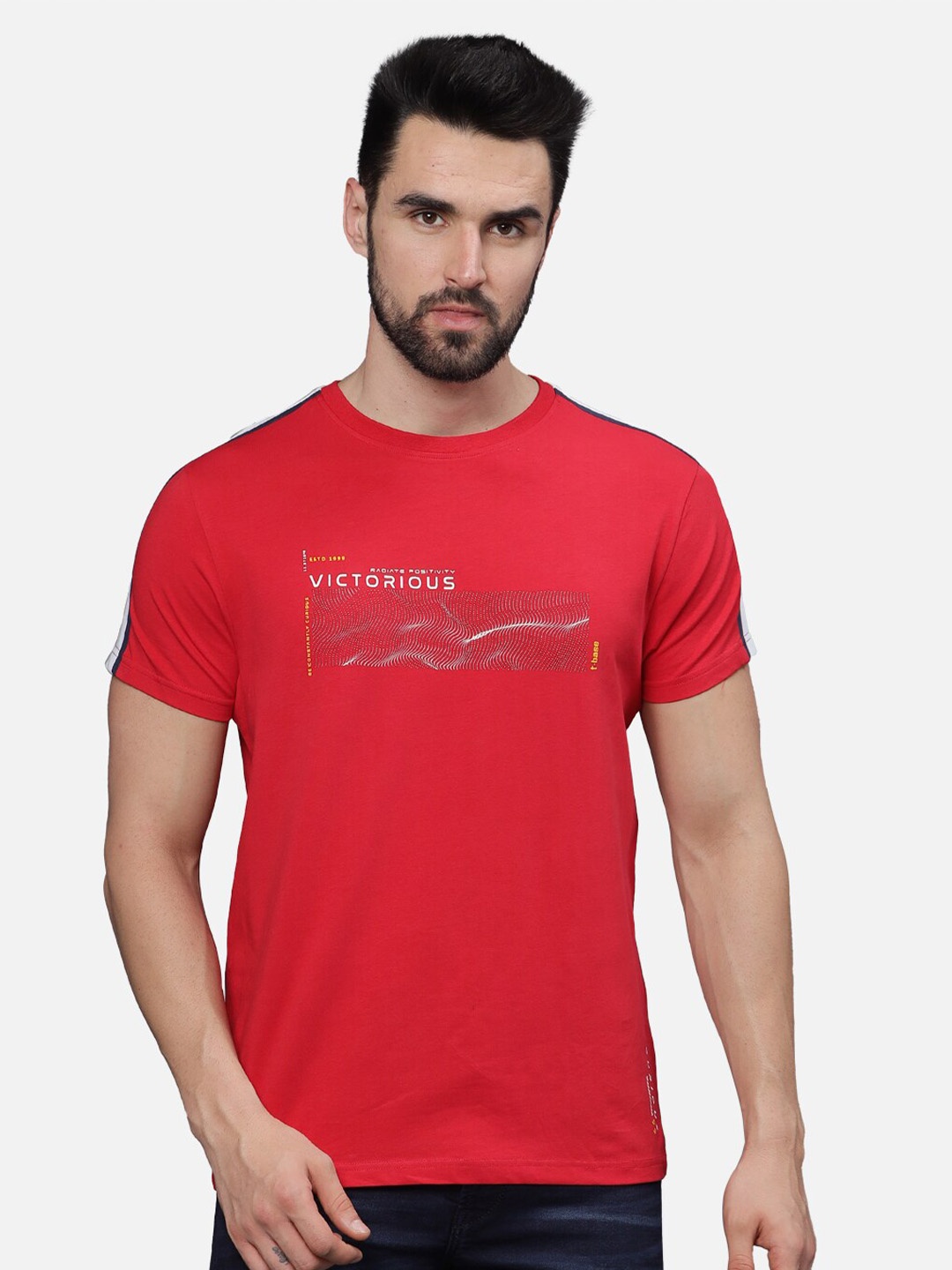 t-base Men Typography Printed Pockets T-shirt, Red