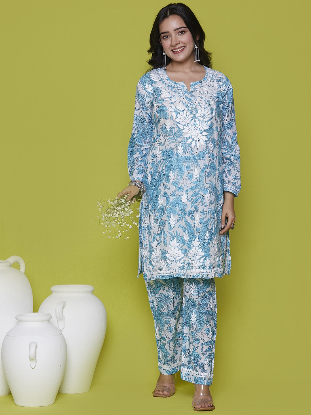 

House of Chikankari Floral Chikankari Printed Regular Straight Kurta with Trousers, Blue
