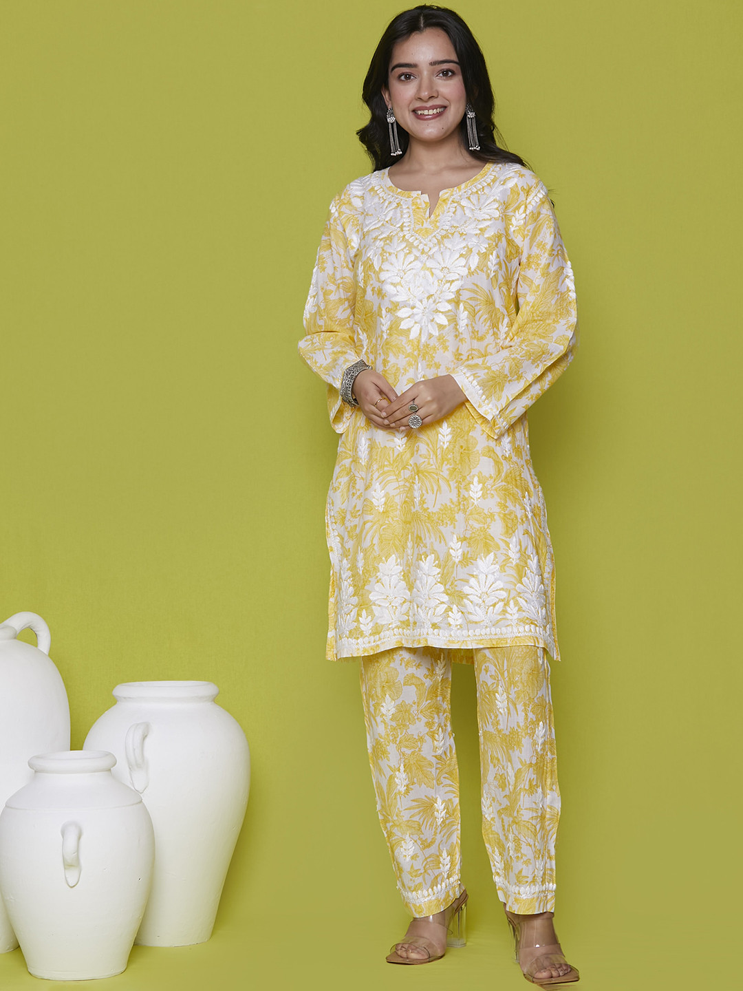 

House of Chikankari Floral Chikankari Printed Thread Work Straight Kurta with Trousers, Yellow