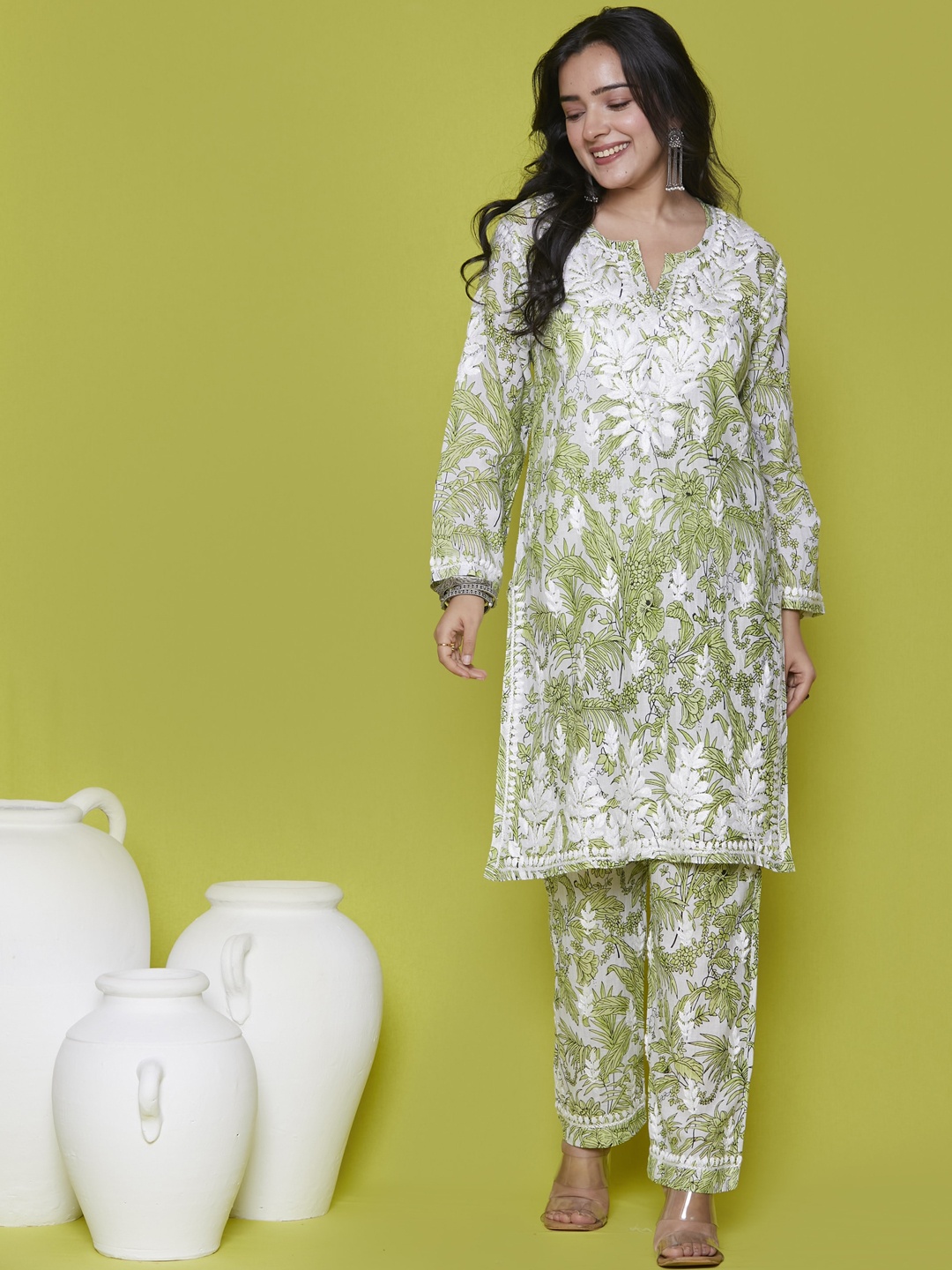 

House of Chikankari Floral Printed Notched Neck Thread Work Kurta with Trouser, Green