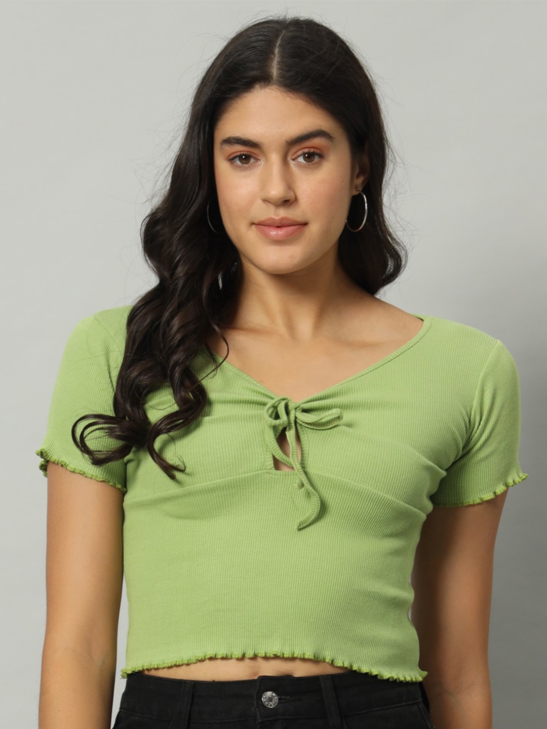 

BROOWL Tie-Up Neck Georgette Crop Top, Green