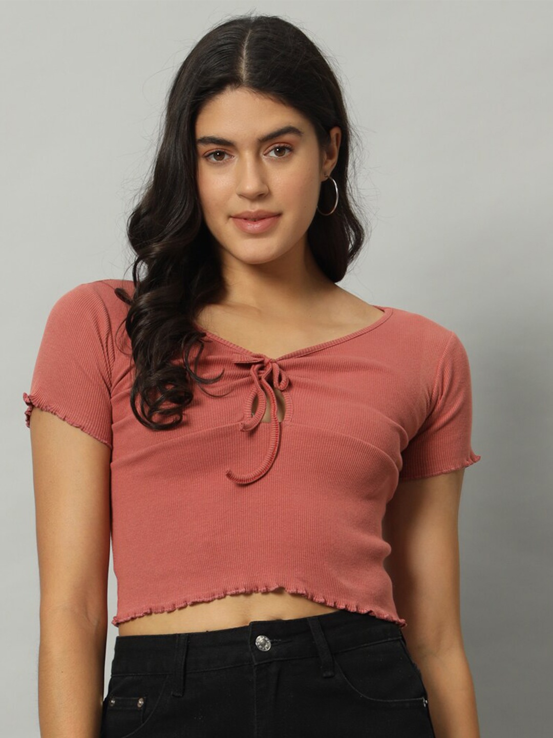 

BROOWL Georgette Tie-Up Neck Short Sleeves Casual Crop Top, Pink