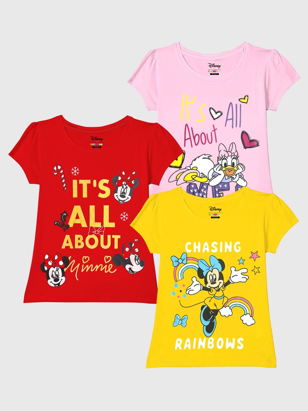 

KUCHIPOO Girls Typography 3 Printed Applique T-shirt, Red