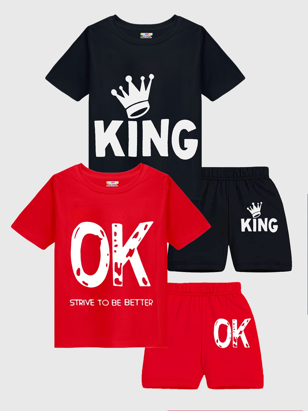 KUCHIPOO Boys Pack Of 2 Typography Printed T-shirt With Shorts, Red