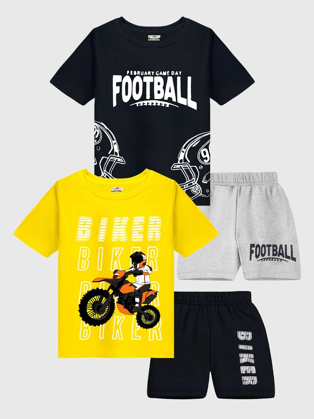

KUCHIPOO Boys Pack Of 2 Typography Printed T-shirt With Shorts, Yellow