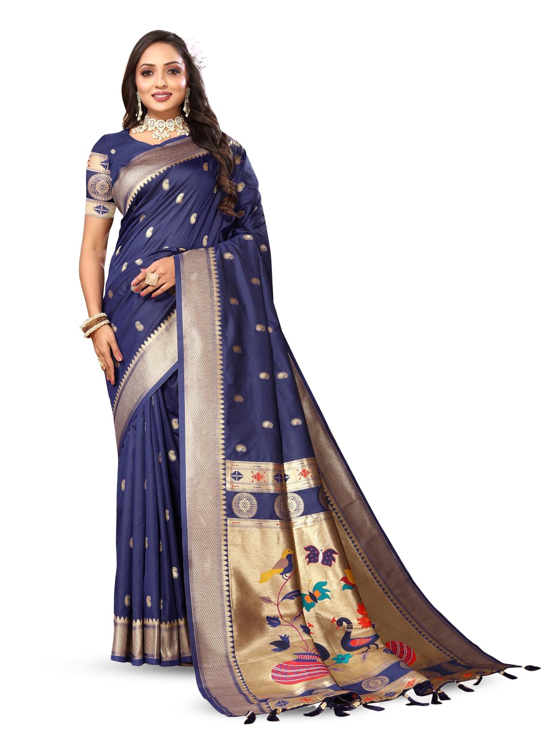 

PATIALAPICKS Ethnic Motifs Woven Design Zari Pure Silk Paithani Saree, Navy blue