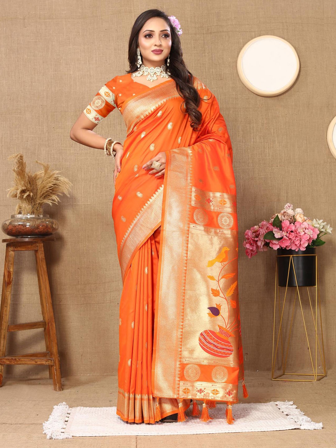 

PATIALAPICKS Ethnic Motifs Woven Design Zari Pure Silk Paithani Saree, Orange