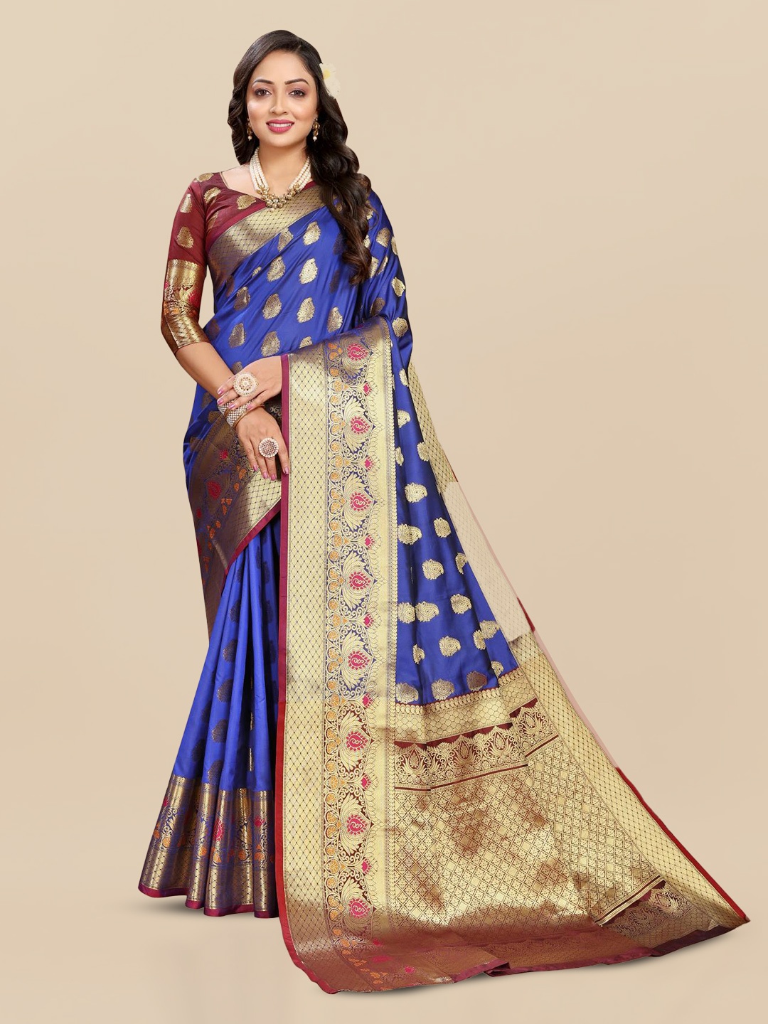 

PATIALAPICKS Ethnic Motifs Woven Design Zari Pure Silk Paithani Saree, Blue