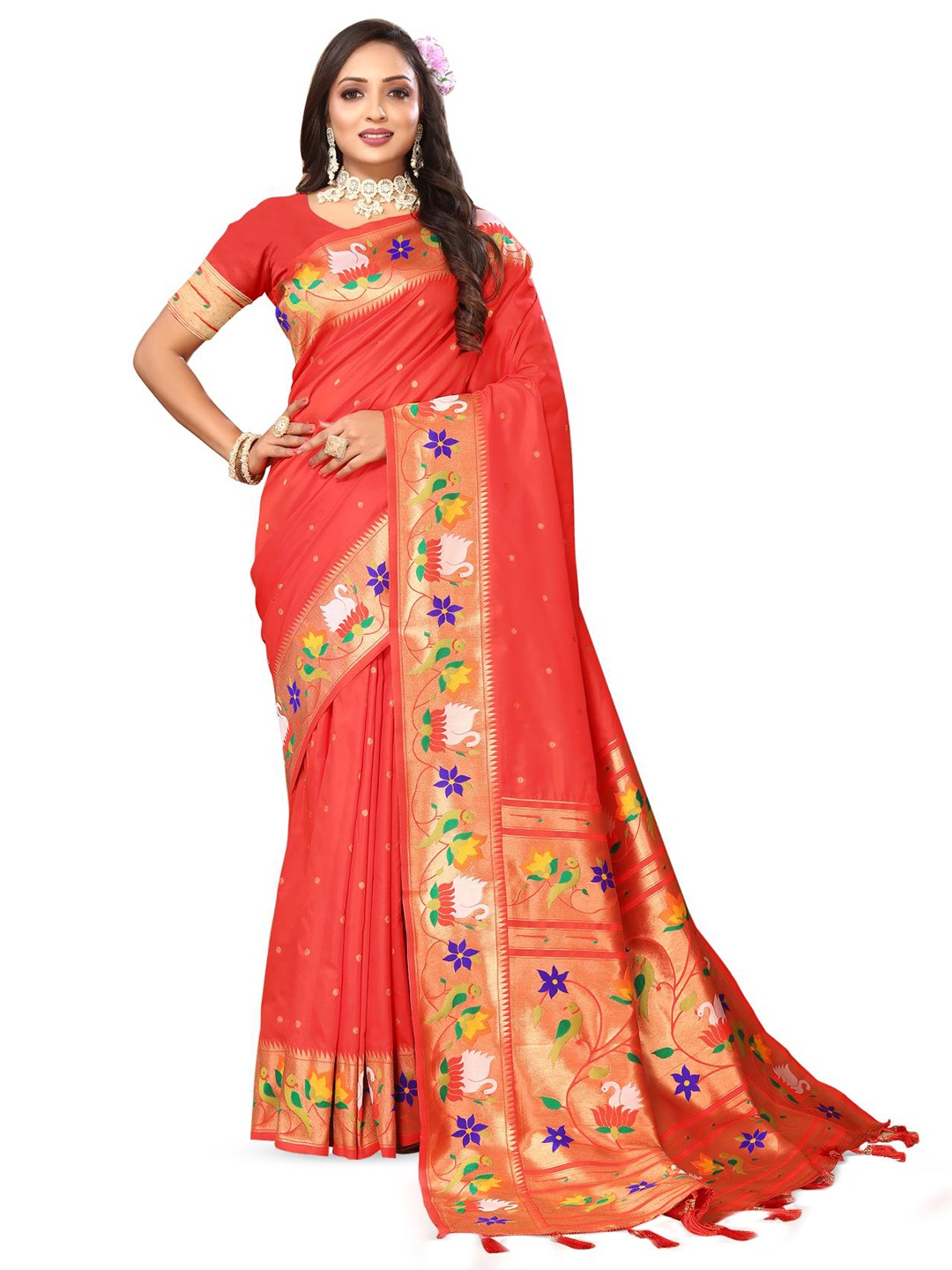

PATIALAPICKS Ethnic Woven Design Zari Pure Silk Paithani Saree, Red