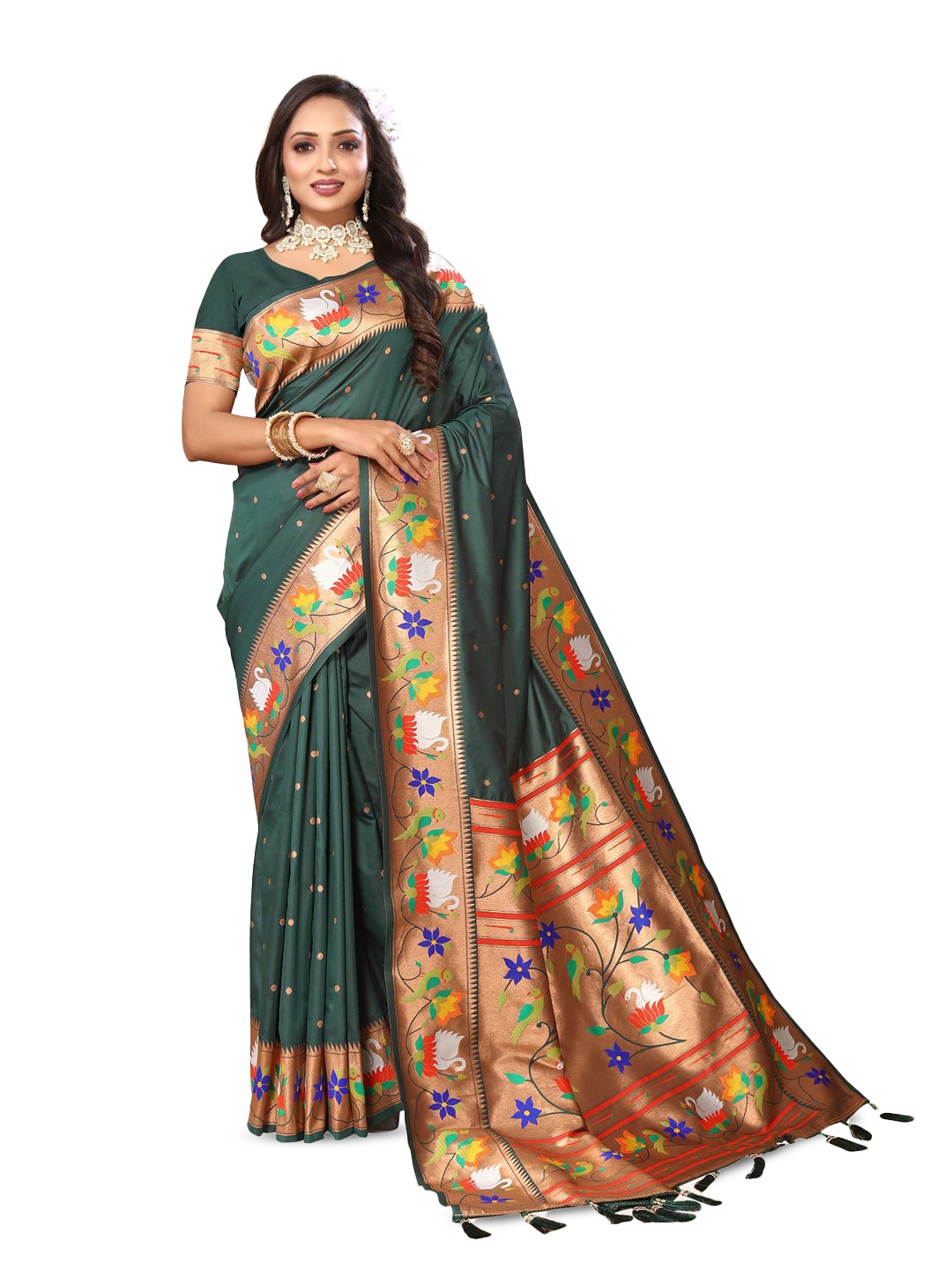 

PATIALAPICKS Ethnic Motifs Woven Design Zari Pure Silk Paithani Saree, Green
