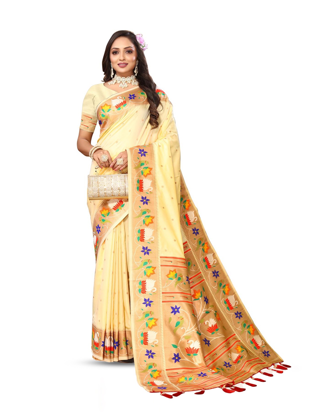 

PATIALAPICKS Woven Design Zari Pure Silk Paithani Saree, Yellow