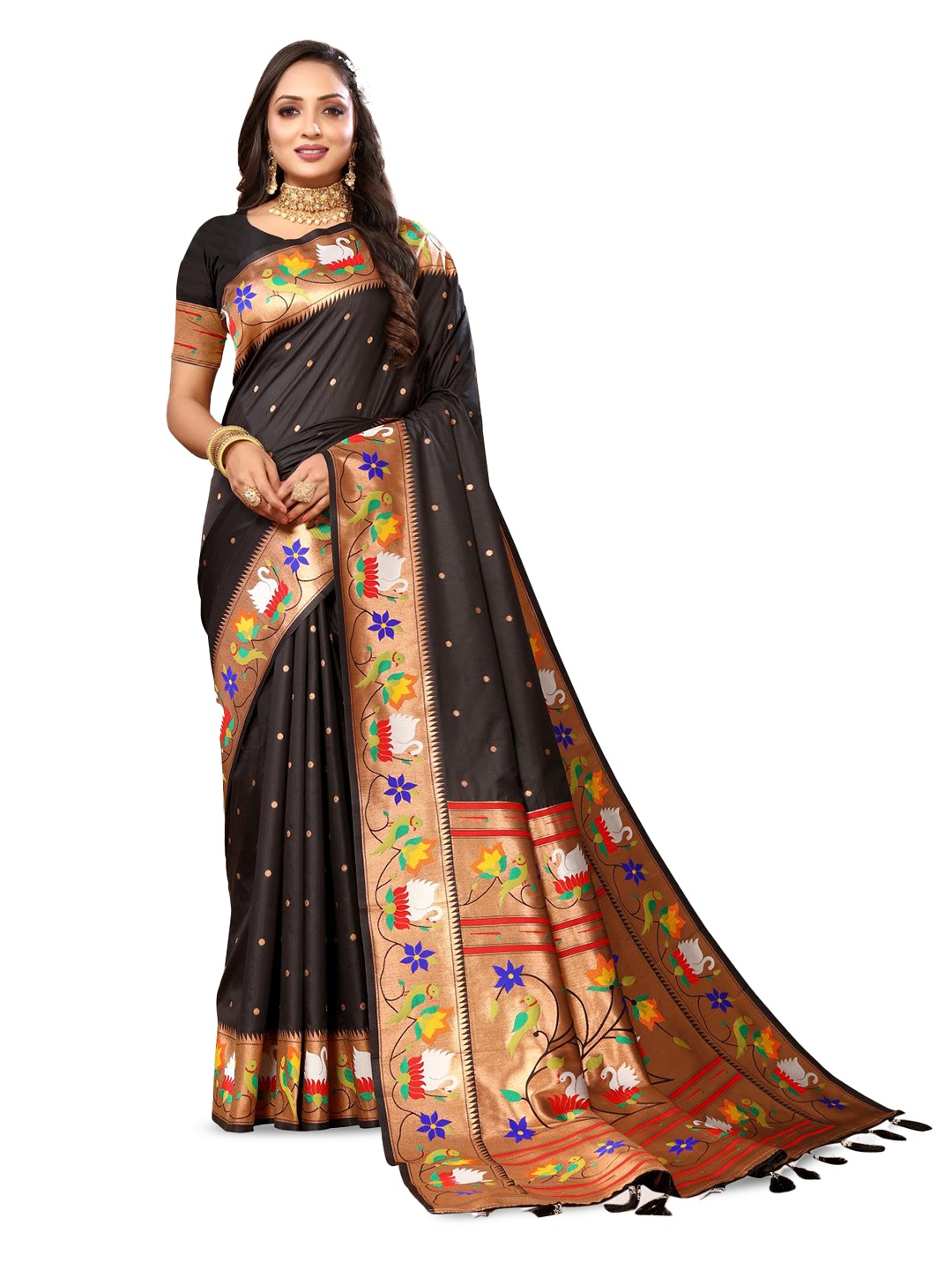 

PATIALAPICKS Polka Dots Woven Design Zari Pure Silk Paithani Saree, Black