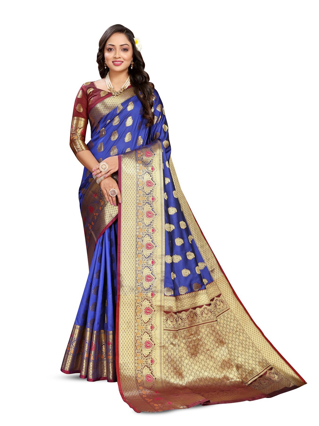 

PATIALAPICKS Ethnic Motifs Woven Design Zari Pure Silk Paithani Saree, Blue