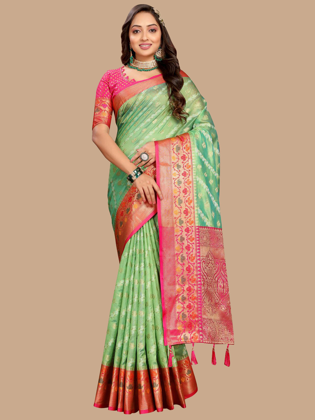 

PATIALAPICKS Woven Design Zari Organza Paithani Saree, Green