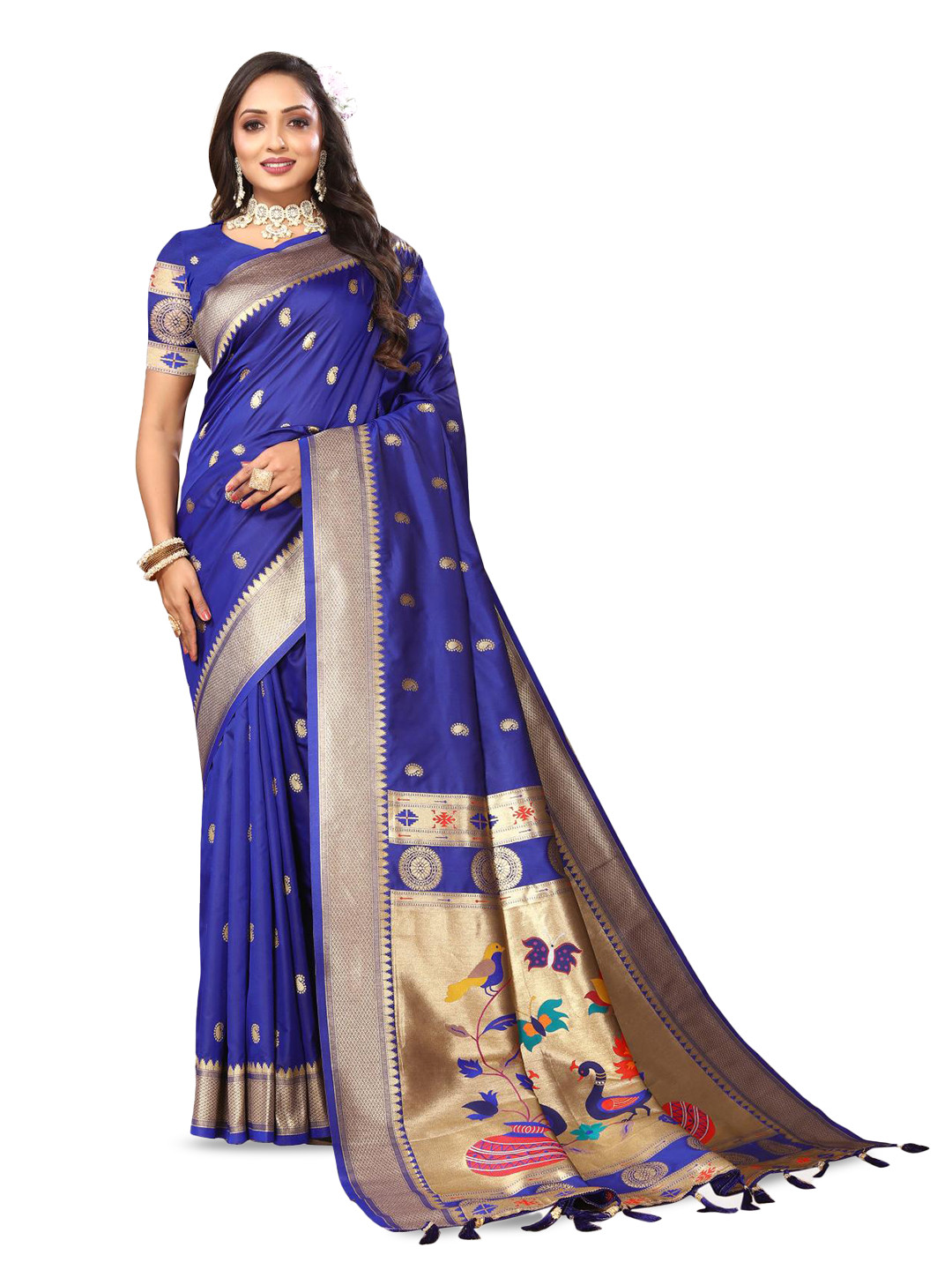 

PATIALAPICKS Woven Design Zari Pure Silk Paithani Saree, Blue
