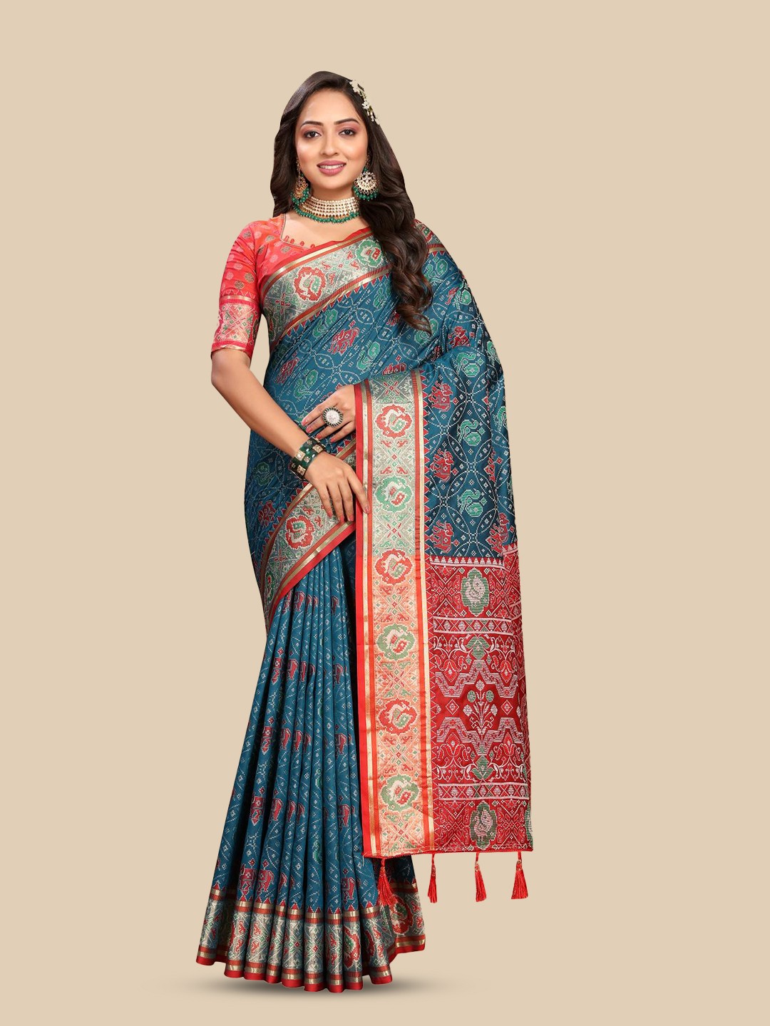 

PATIALAPICKS Ethnic Motifs Woven Design Zari Pure Silk Patola Saree, Navy blue