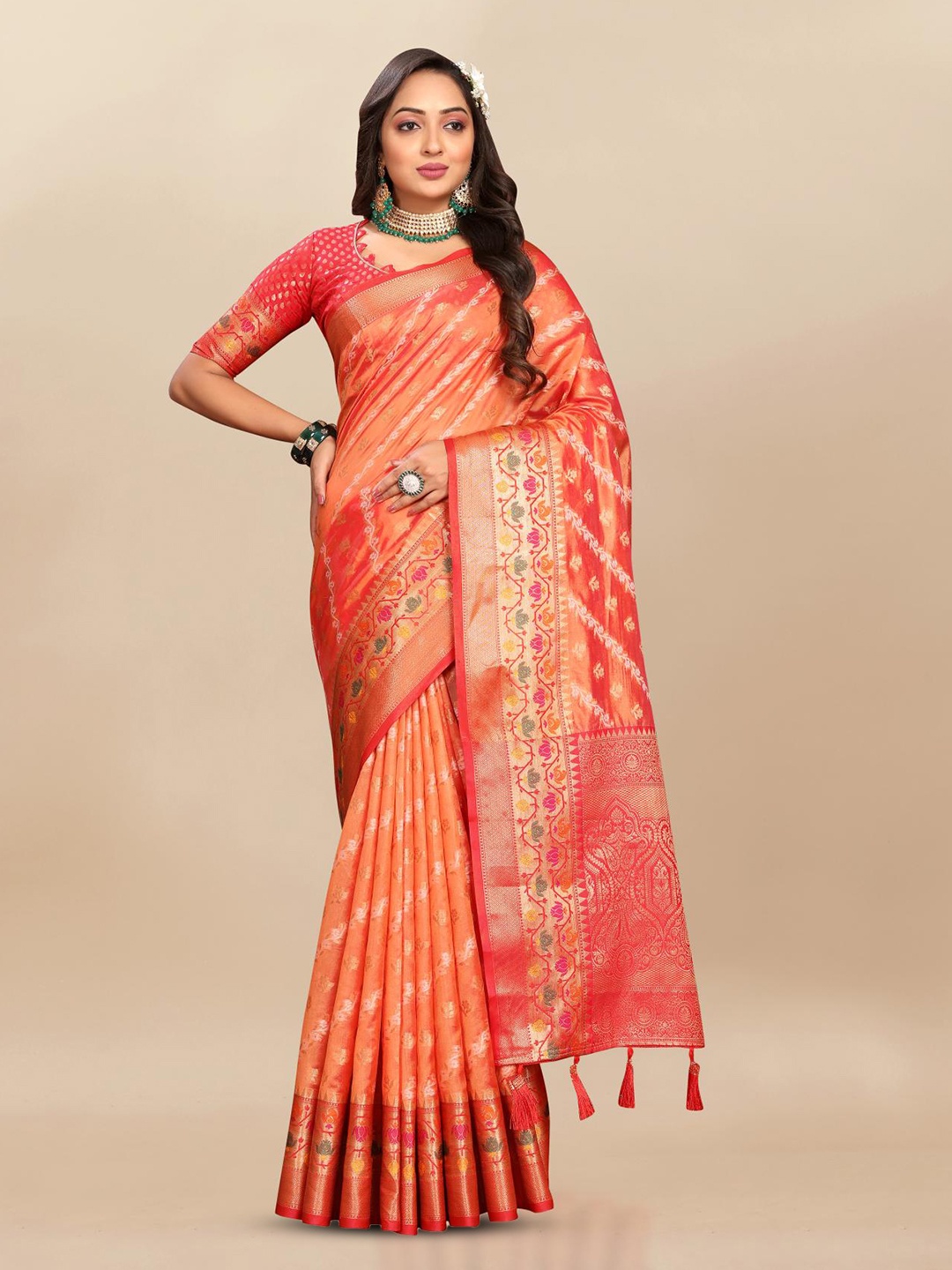 

PATIALAPICKS Ethnic Motifs Woven Design Zari Organza Paithani Saree, Orange