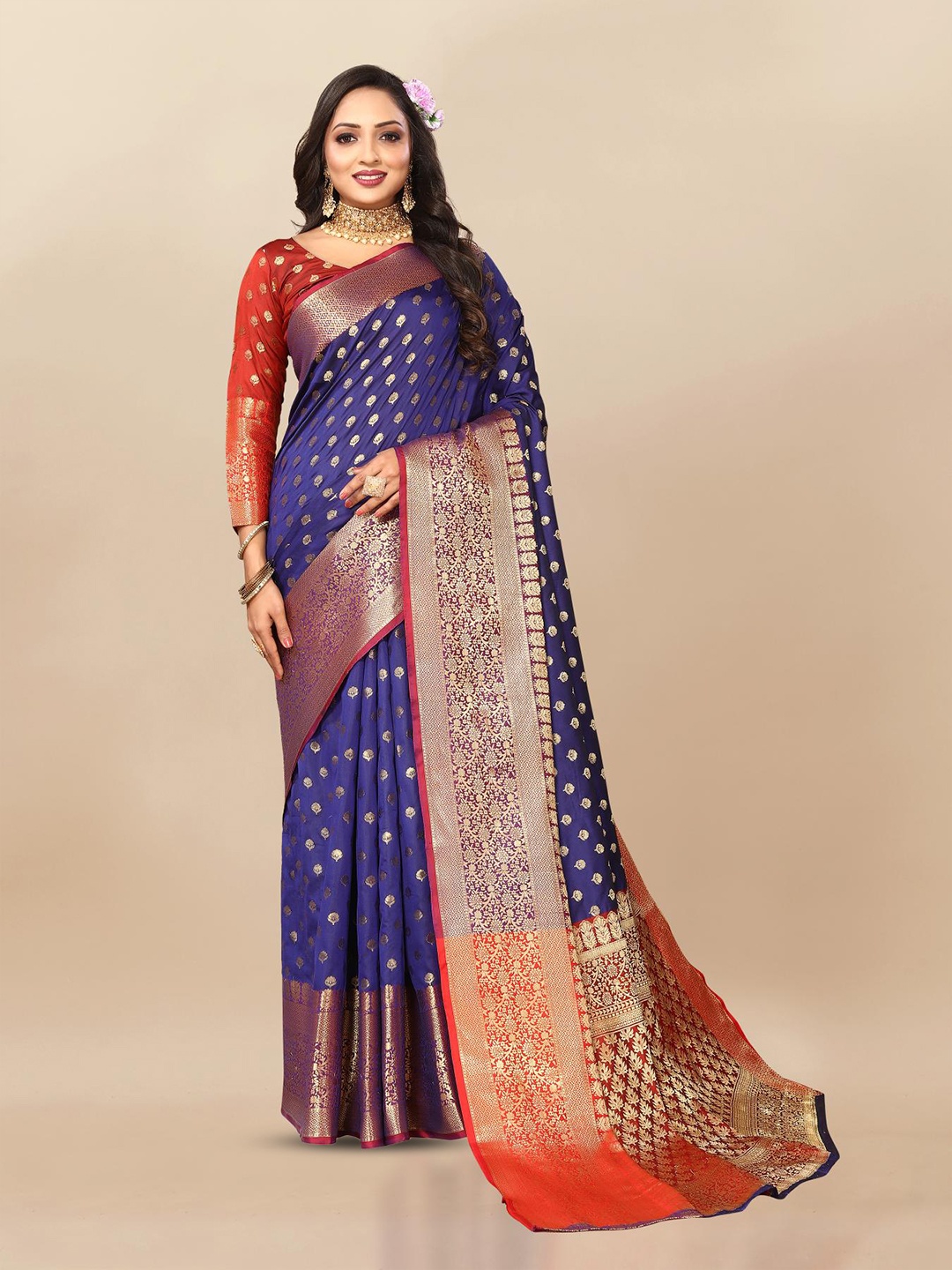 

PATIALAPICKS Woven Design Zari Pure Silk Paithani Saree, Navy blue