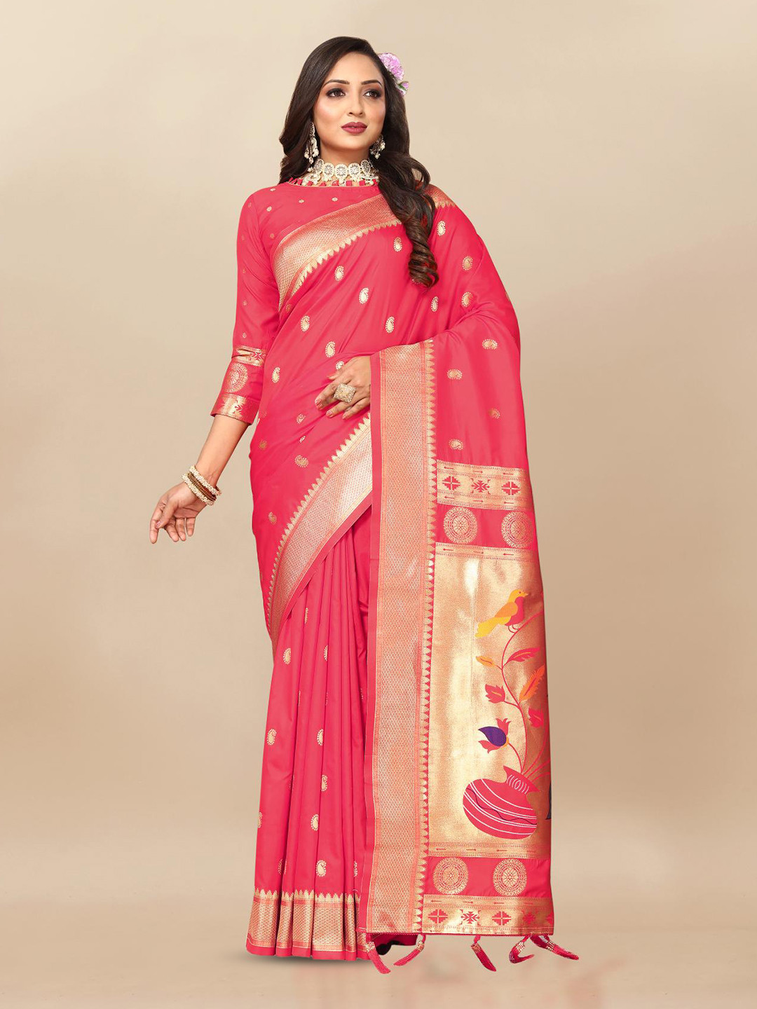 

PATIALAPICKS Woven Design Zari Pure Silk Paithani Saree, Pink