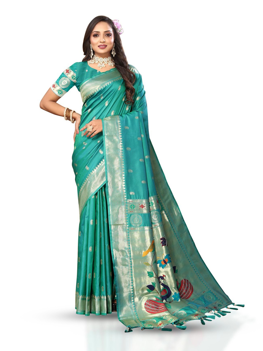 

PATIALAPICKS Ethnic Motifs Woven Design Zari Pure Silk Paithani Saree, Sea green