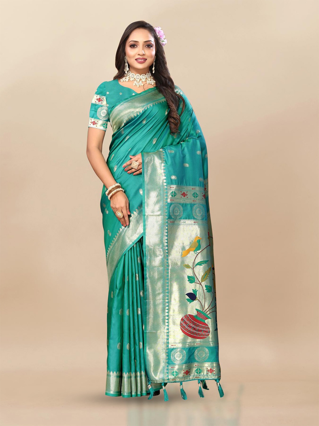 

PATIALAPICKS Woven Design Zari Pure Silk Paithani Saree, Sea green