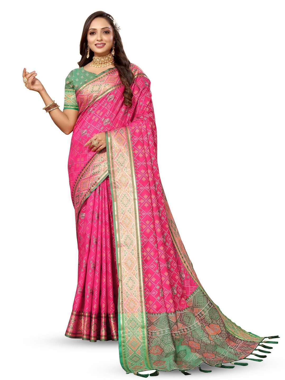 

PATIALAPICKS Woven Design Zari Pure Silk Patola Saree, Pink