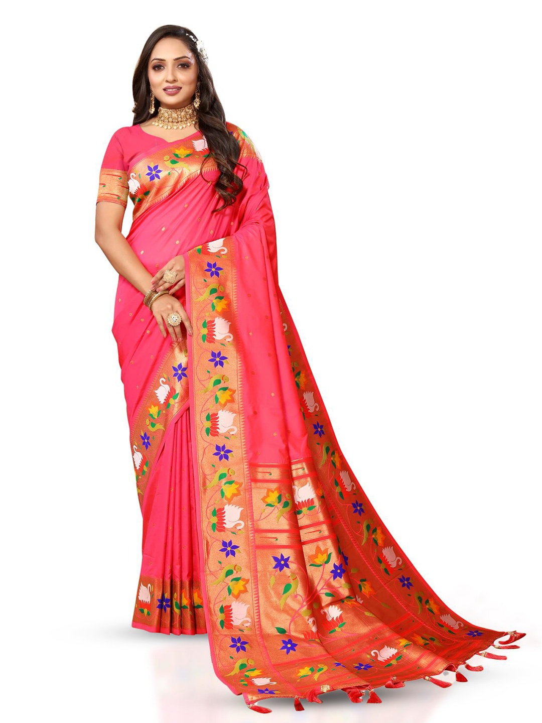 

PATIALAPICKS Polka Dot Zari Pure Silk Paithani Saree, Pink