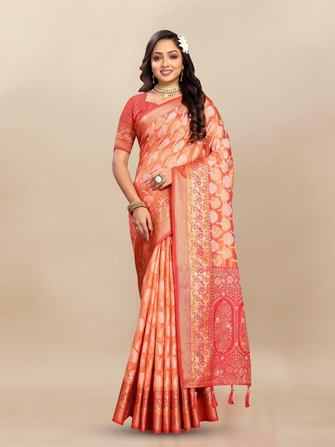 

PATIALAPICKS Ethnic Motifs Woven Design Zari Orange Silk Paithani Saree