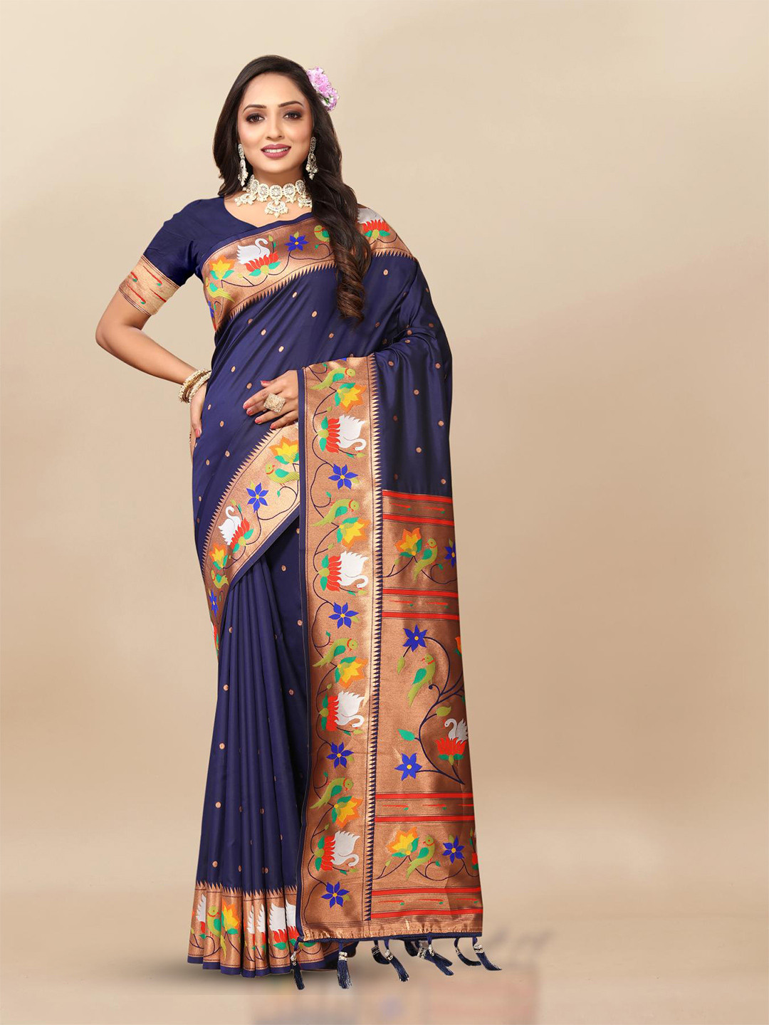 

PATIALAPICKS Ethnic Motifs Woven Design Zari Pure Silk Paithani Saree, Navy blue