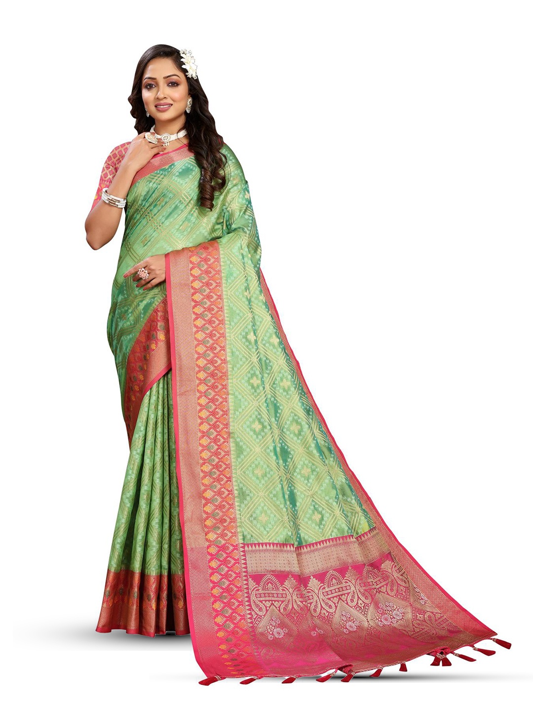 

PATIALAPICKS Bandhani Woven Design Zari Organza Paithani Saree, Green