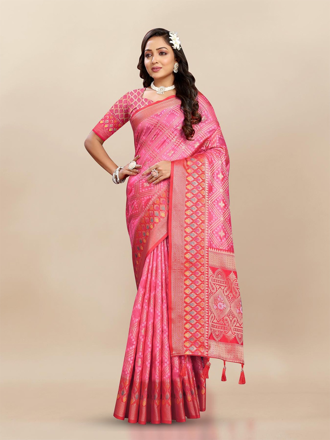 

PATIALAPICKS Bandhani Woven Design Zari Organza Paithani Saree, Pink