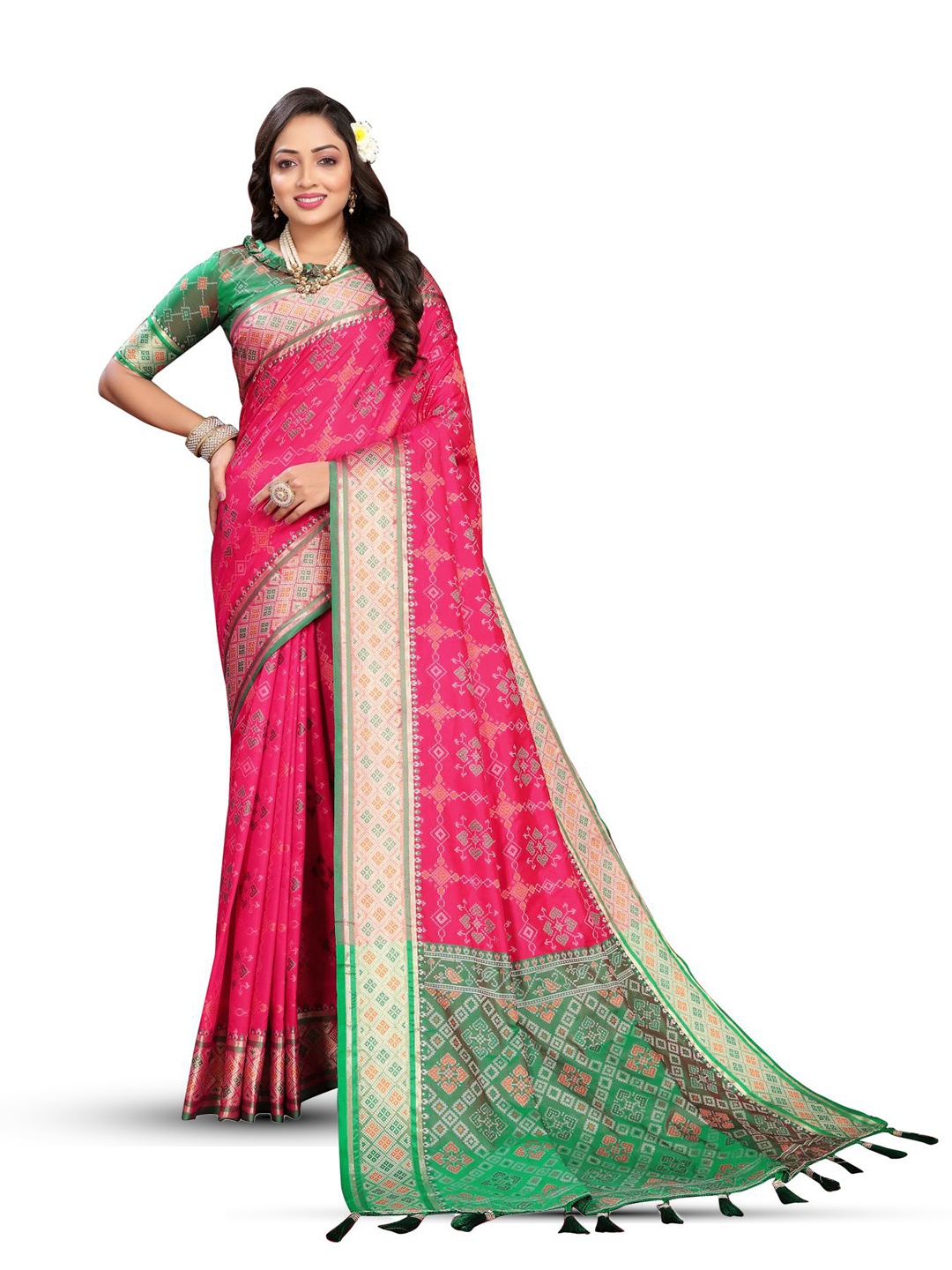 

PATIALAPICKS Zari Pure Silk Patola Saree, Pink