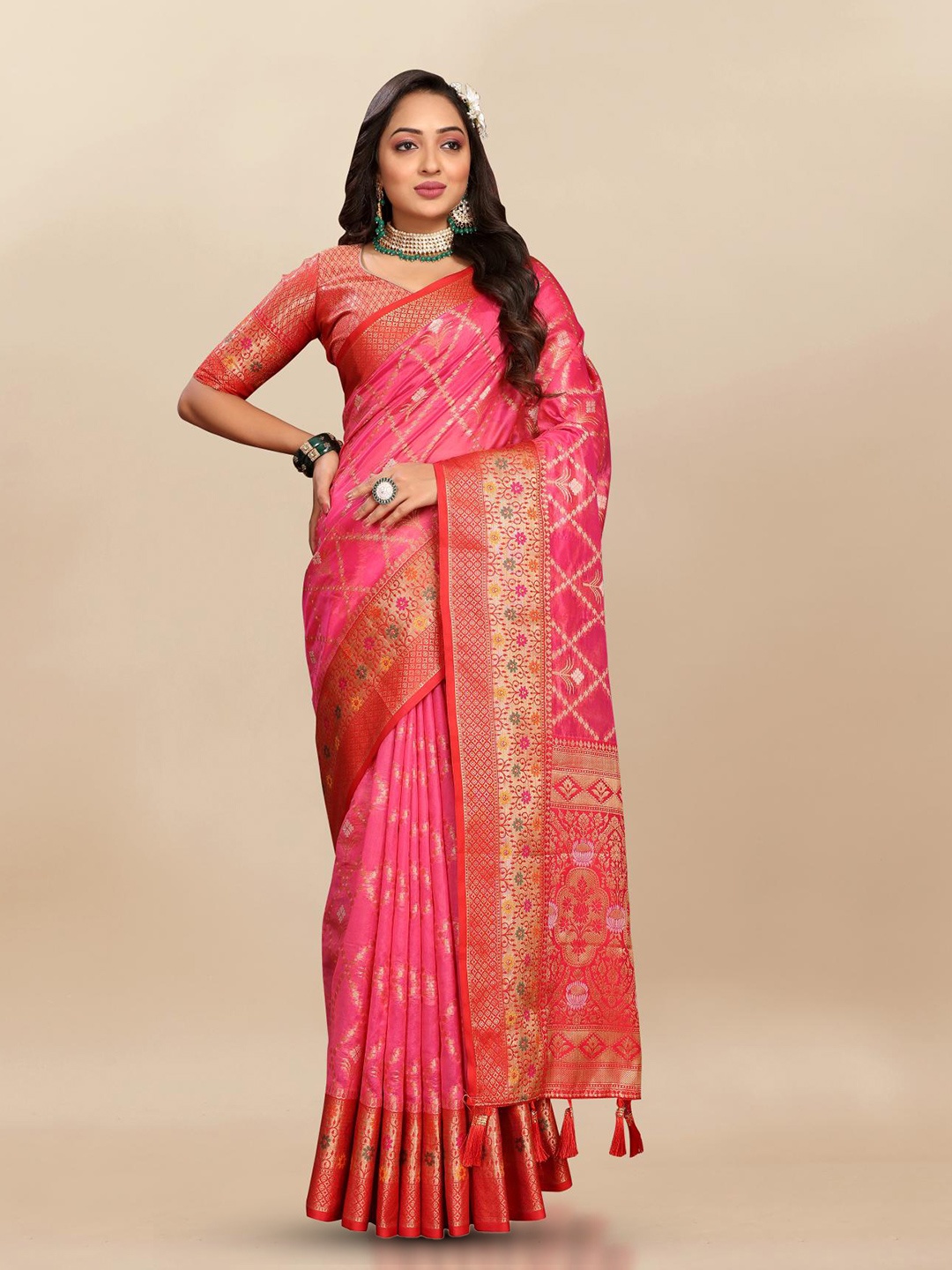 

PATIALAPICKS Woven Design Zari Organza Paithani Saree, Pink