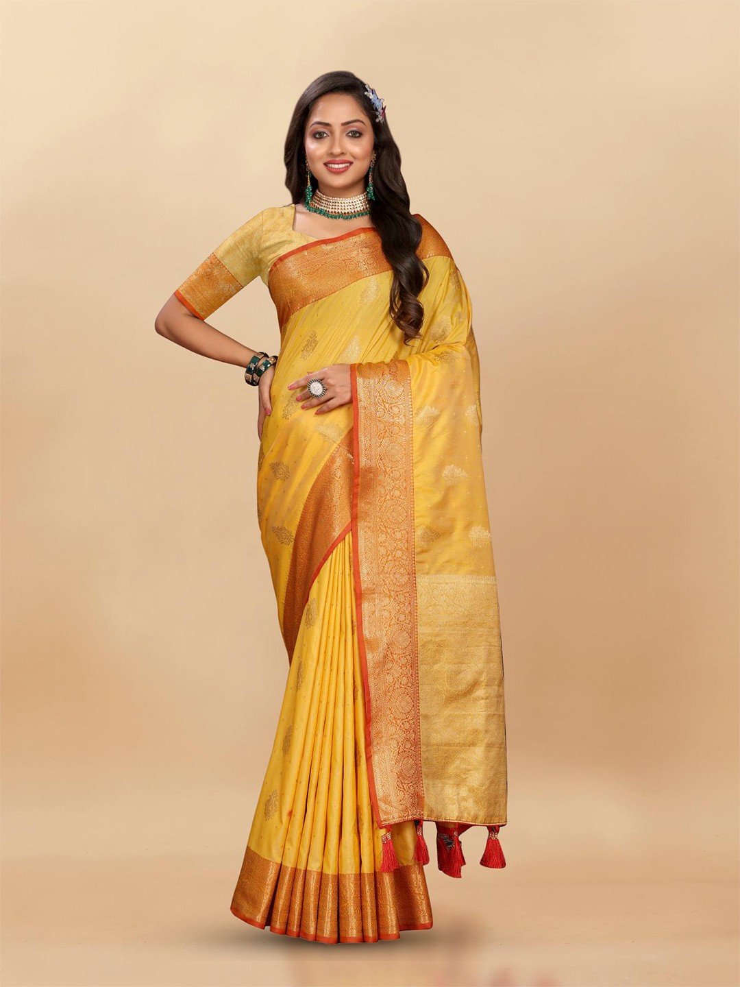 

PATIALAPICKS Ethnic Motifs Woven Design Zari Pure Silk Paithani Saree, Yellow