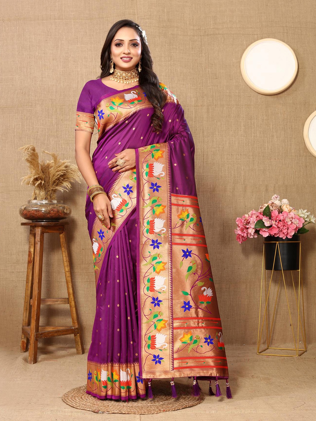 

PATIALAPICKS Ethnic Motifs Woven Design Zari Pure Silk Paithani Saree, Magenta