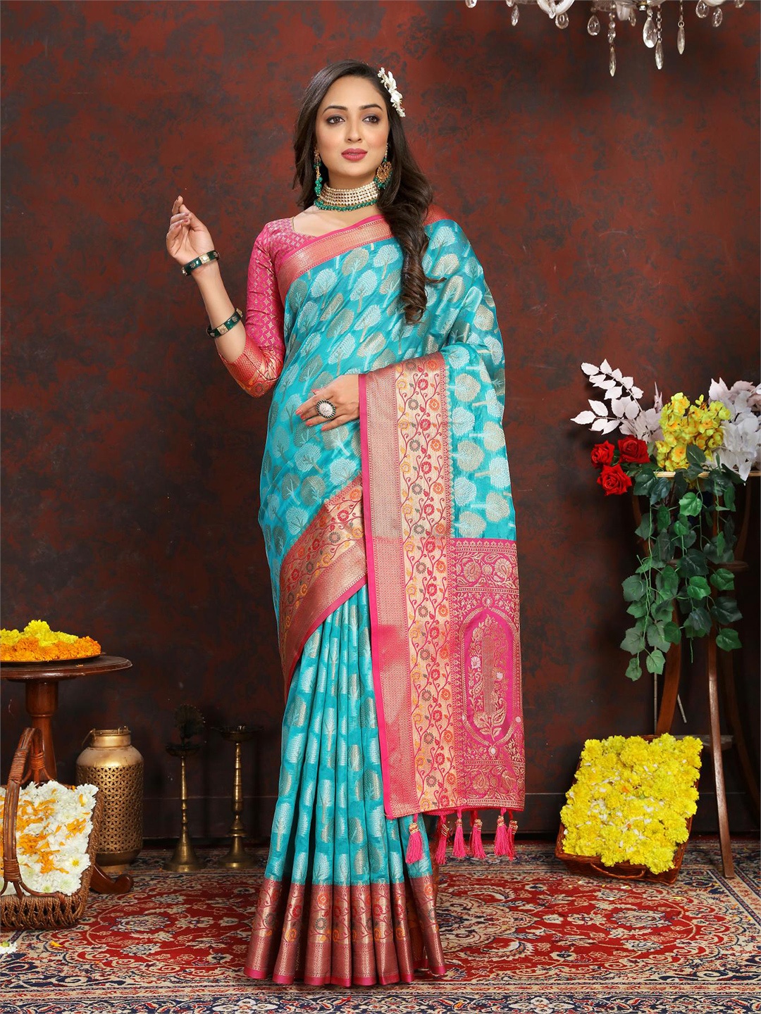 

PATIALAPICKS Ethnic Motifs Woven Design Zari Organza Paithani Saree, Blue