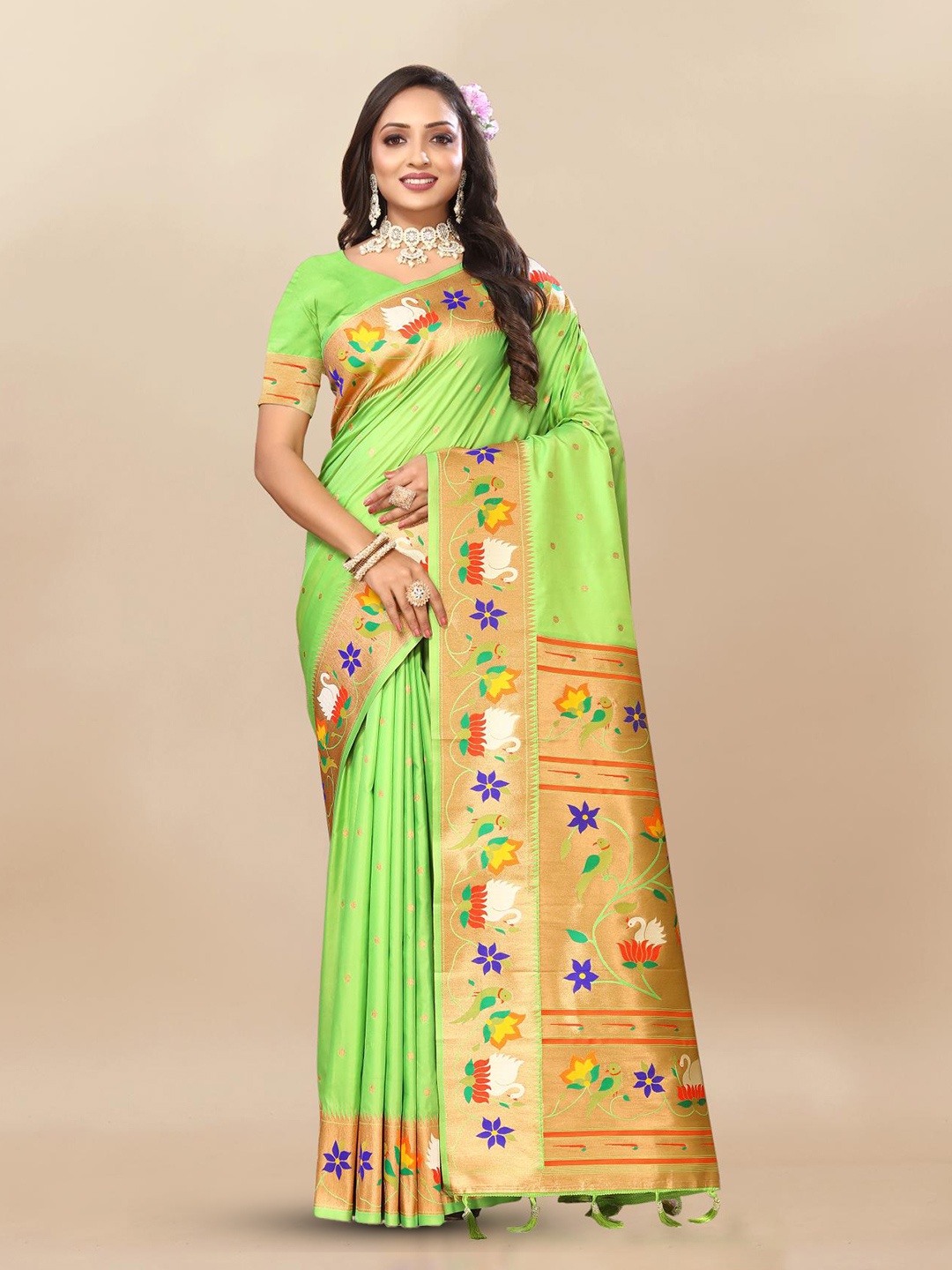 

PATIALAPICKS Ethnic Woven Design Zari Pure Silk Paithani Saree, Green