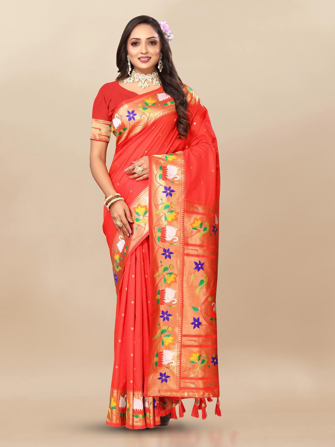 

PATIALAPICKS Woven Design Zari Pure Silk Paithani Saree, Red