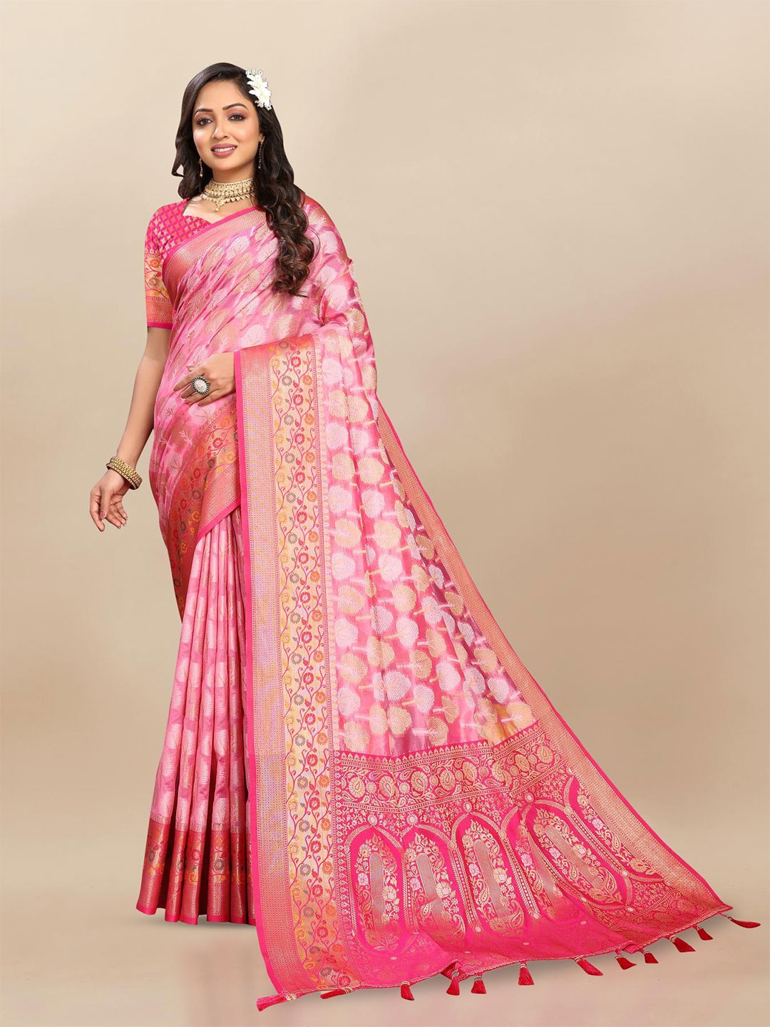 

PATIALAPICKS Ethnic Motifs Woven Design Zari Organza Paithani Saree, Pink