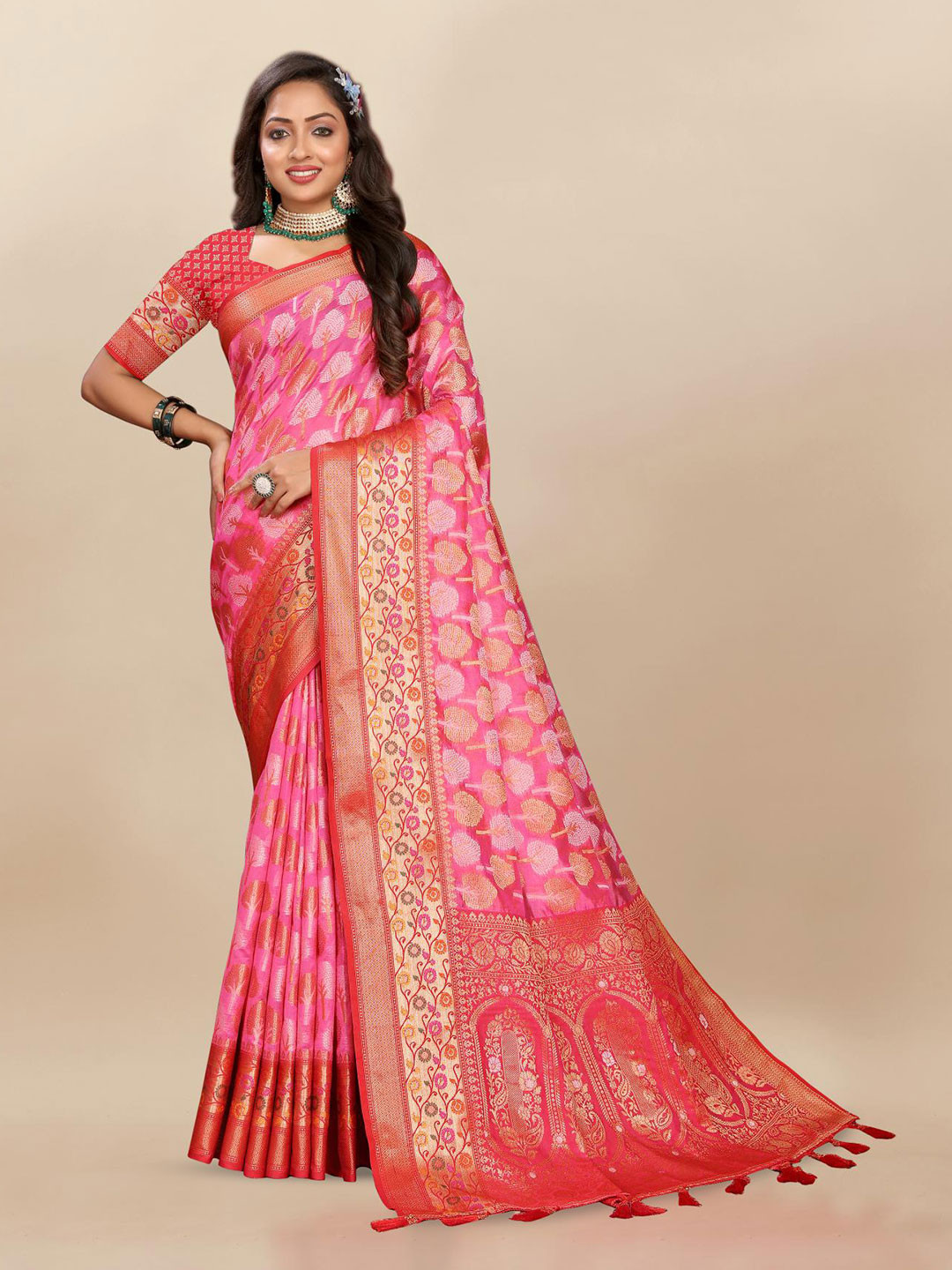 

PATIALAPICKS Ethnic Motifs Woven Design Zari Organza Paithani Saree, Pink