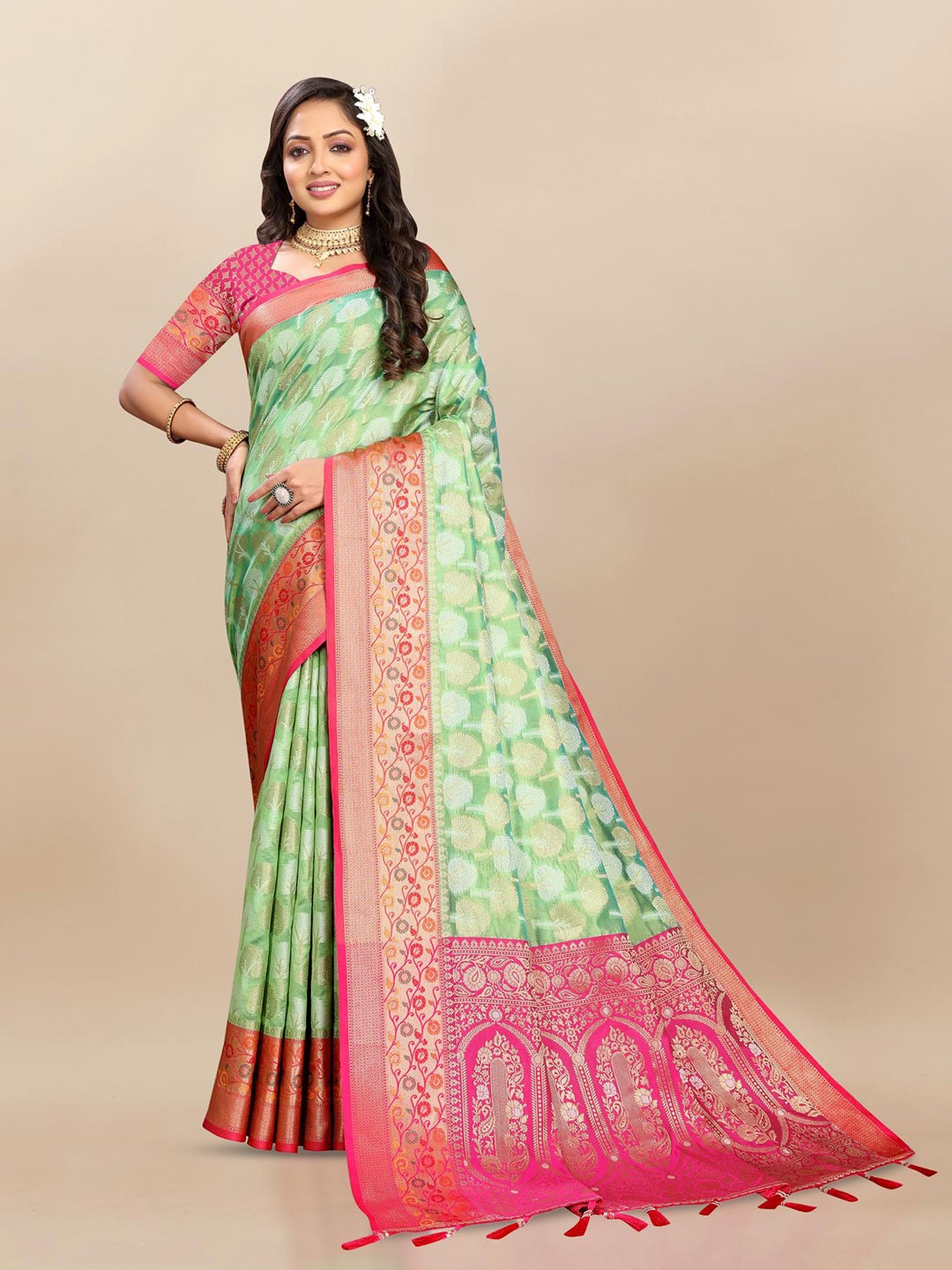 

PATIALAPICKS Ethnic Motifs Woven Design Zari Organza Paithani Saree, Green