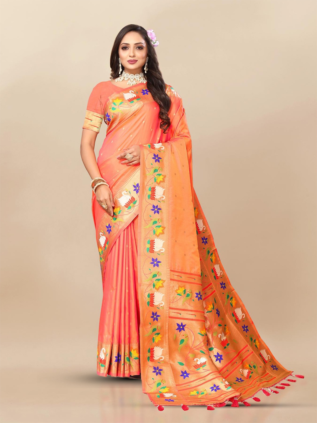 

PATIALAPICKS Woven Design Zari Pure Silk Paithani Saree, Peach