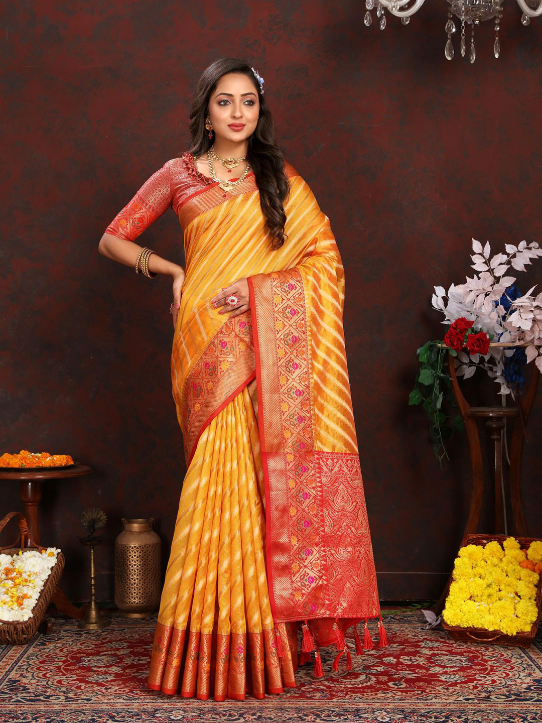 

PATIALAPICKS Ethnic Motifs Woven Design Zari Orange Silk Paithani Saree, Yellow