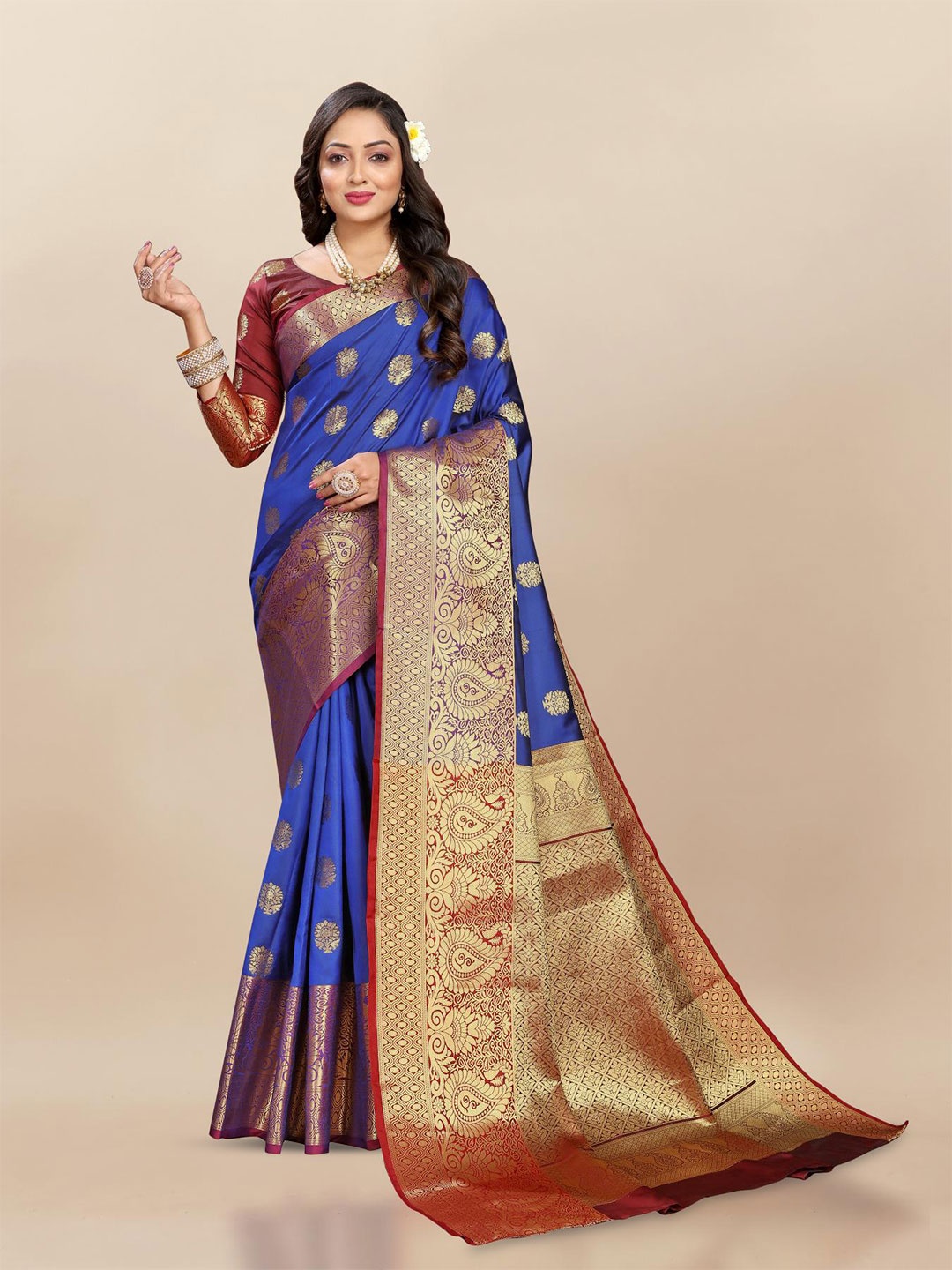 

PATIALAPICKS Woven Design Zari Pure Silk Paithani Saree, Blue