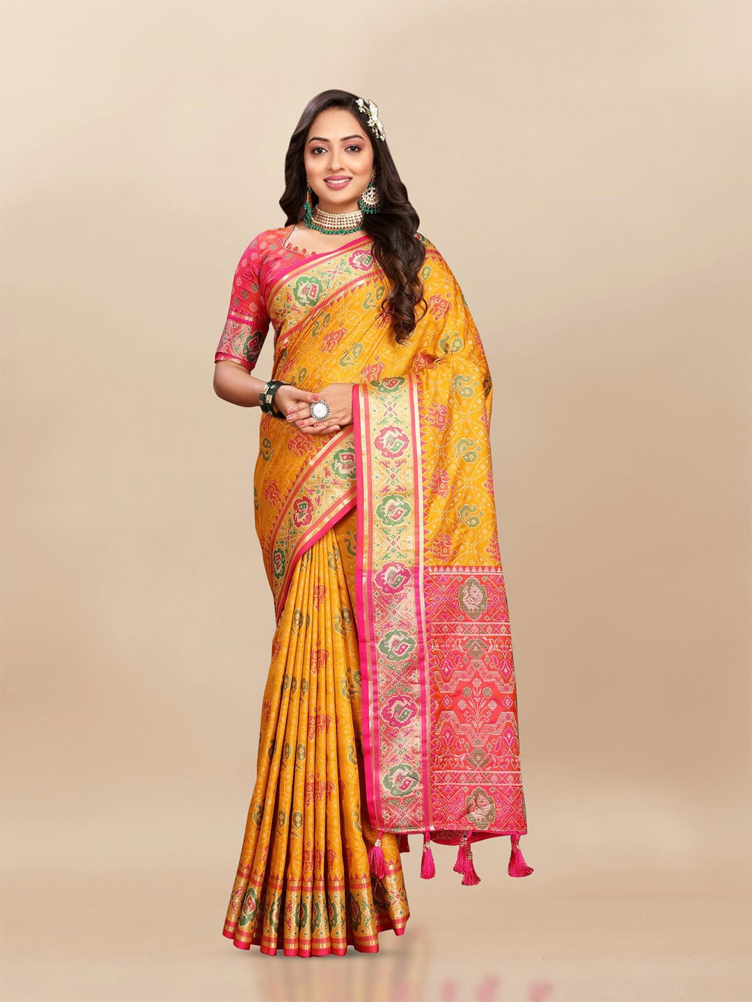 

PATIALAPICKS Ethnic Motifs Woven Design Zari Pure Silk Paithani Saree, Yellow