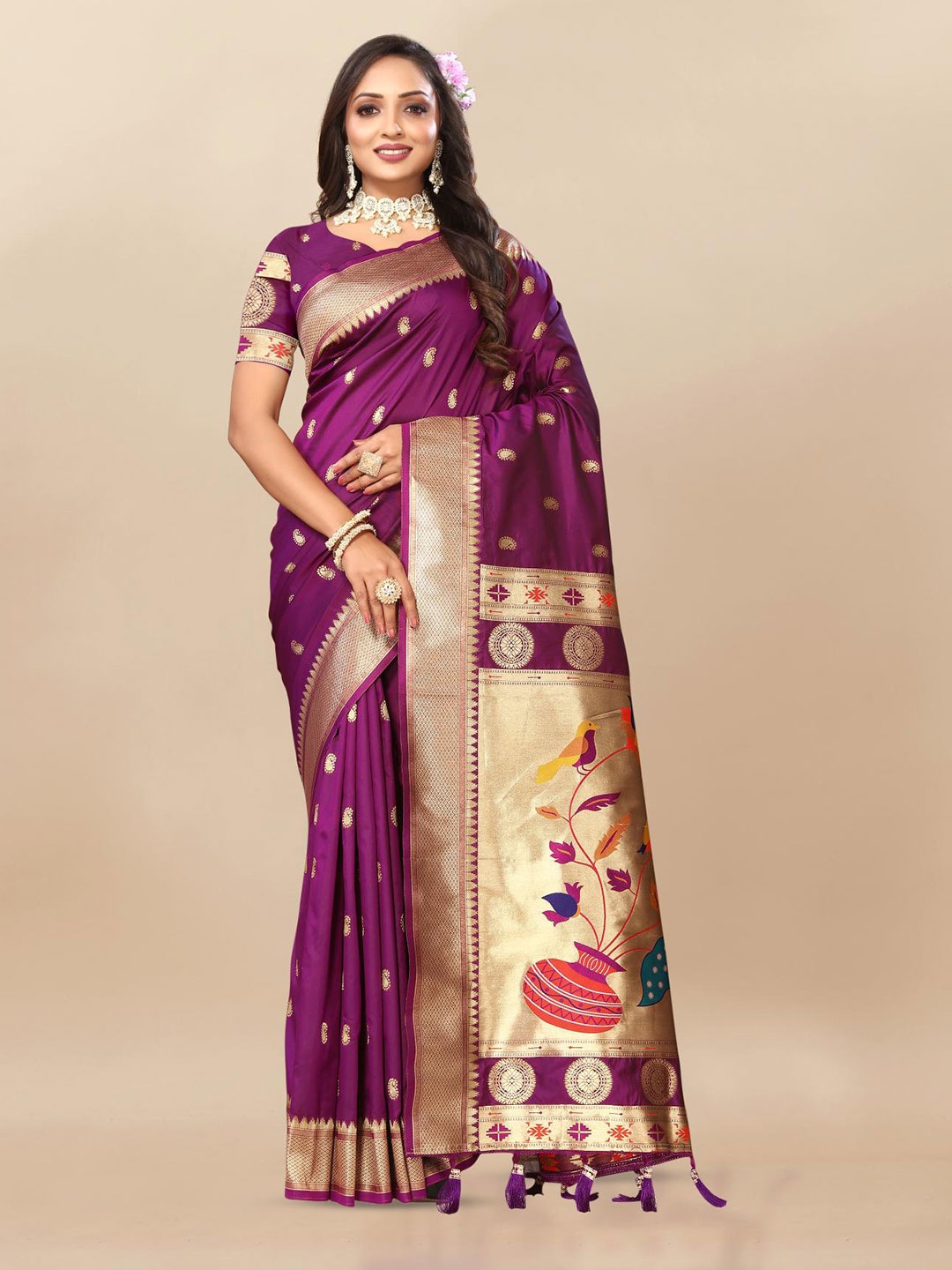 

PATIALAPICKS Ethnic Motifs Woven Design Zari Pure Silk Paithani Saree, Purple