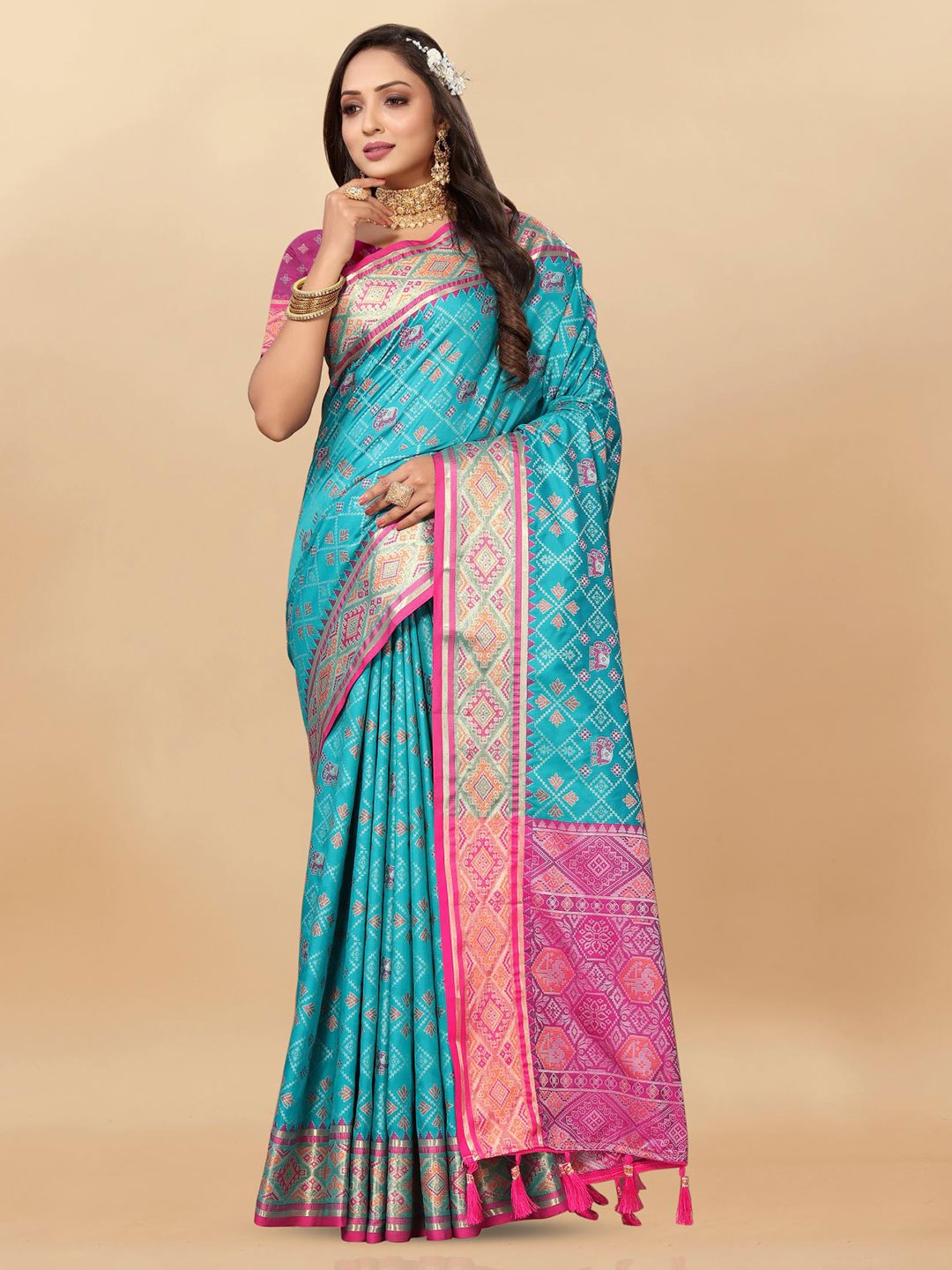

PATIALAPICKS Woven Design Zari Pure Silk Patola Saree, Blue