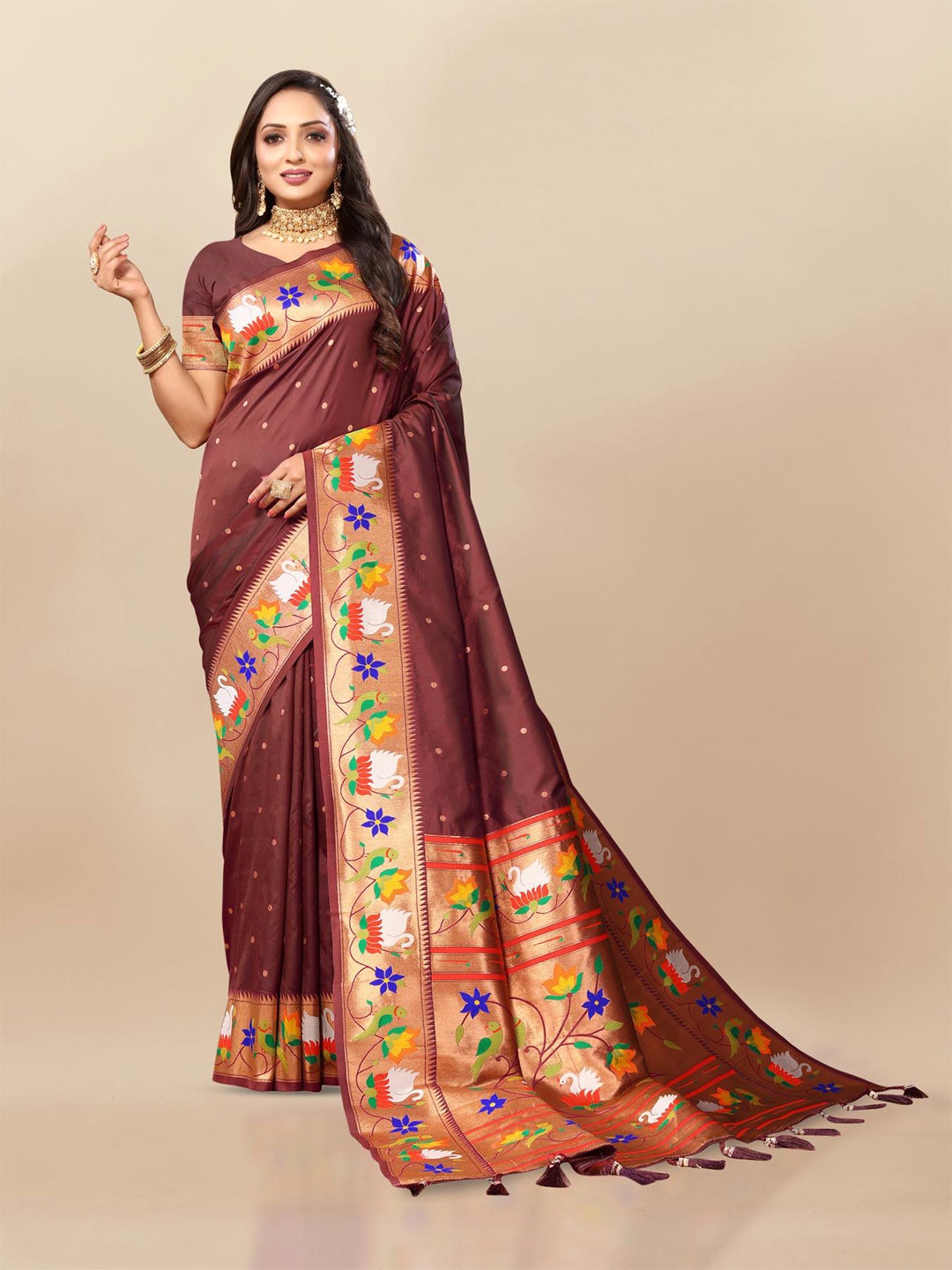 

PATIALAPICKS Woven Design Zari Pure Silk Paithani Saree, Coffee brown
